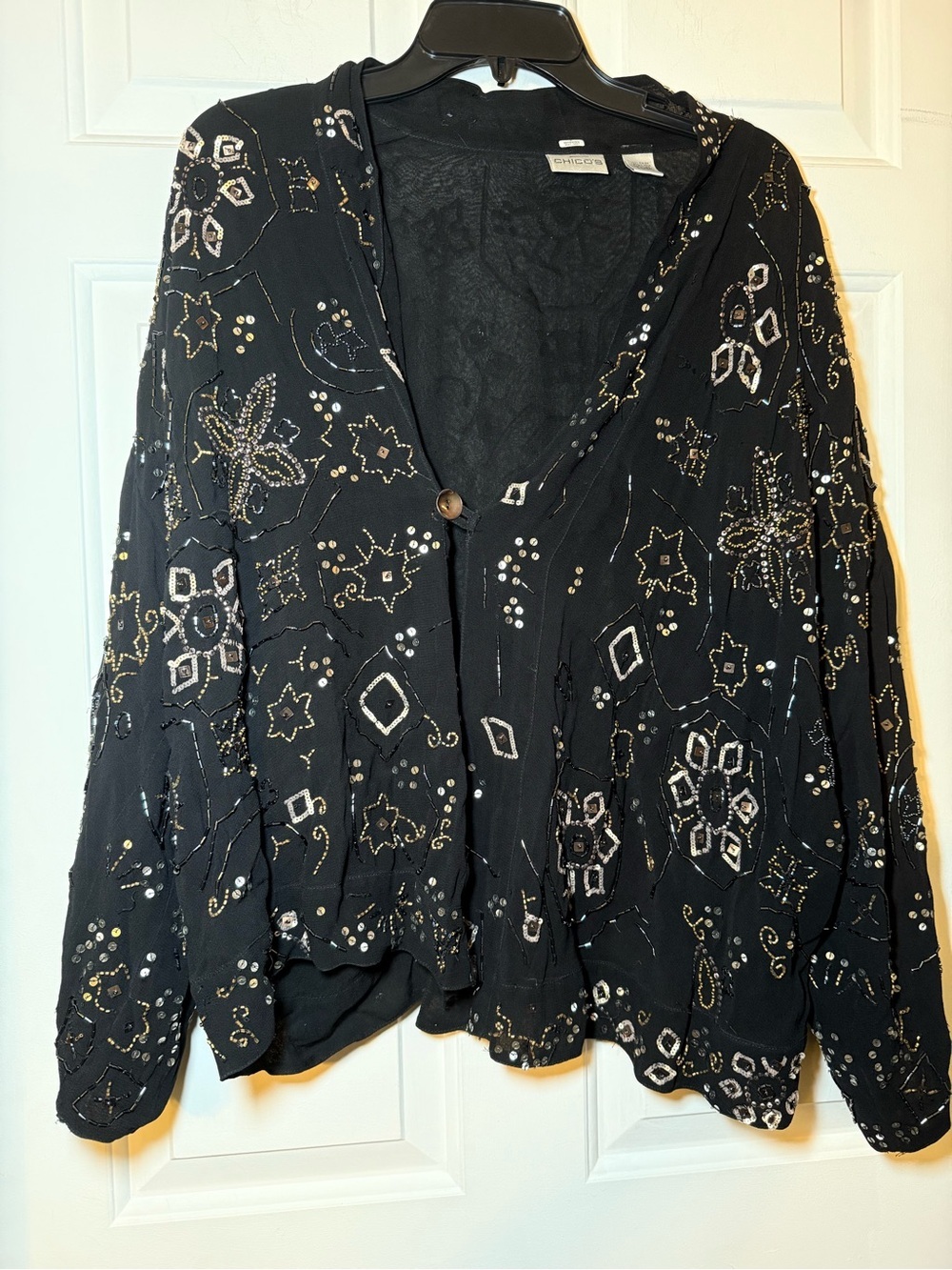 Chicos Beaded & Sequined Black Crepe Jacket Blazer Medium Large Formal Sparkle